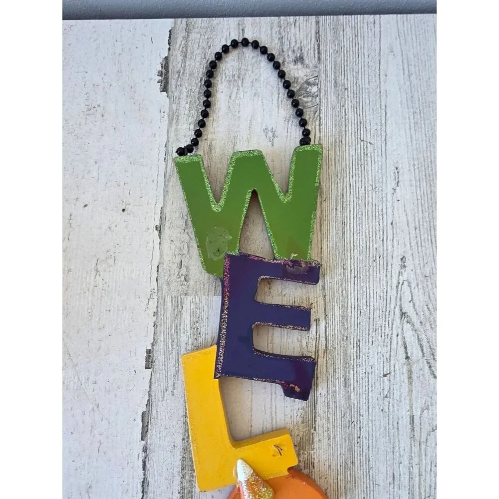 Wooden‎ welcome Halloween candy corn spider home decor